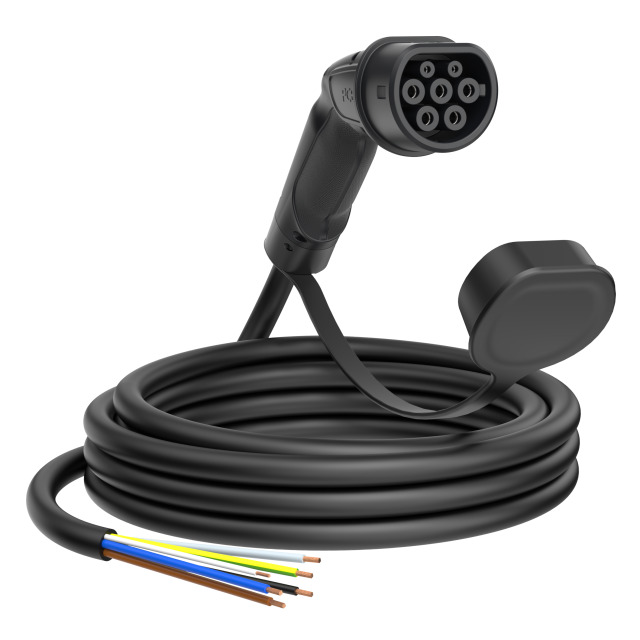 Câble de recharge mode 3 type 2 – extrémité libre – 20 A triphasé 11 kW, 5 m, noir