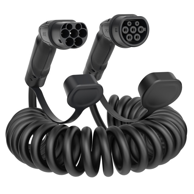 Câble de recharge mode 3 type 2 – type 2 – 20 A triphasé 11 kW, 5 m, spiralé, noir