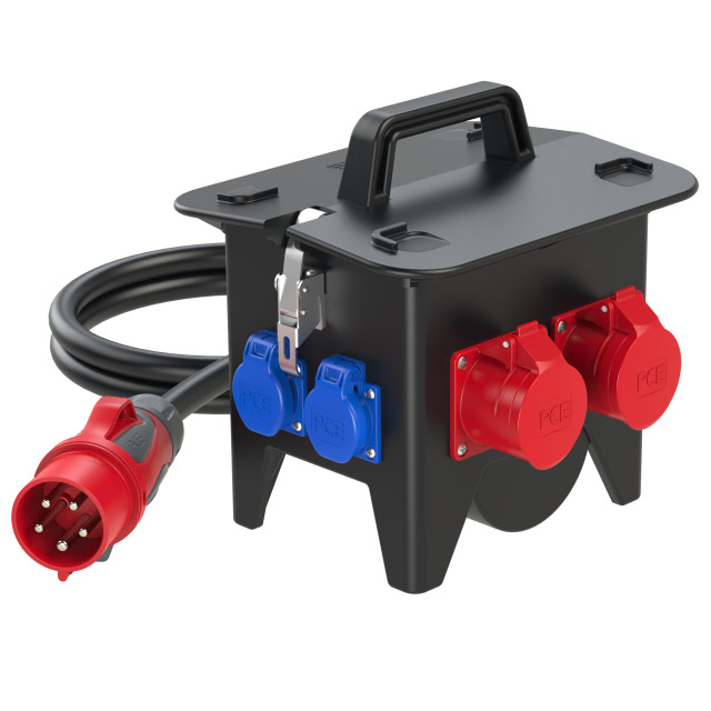 Coffret mobile caoutchouc PCE Ried – 2 × CEE 16 A 5P + 4 × 2P+T, 3 disjoncteurs, câble avec fiche CEE 32 A