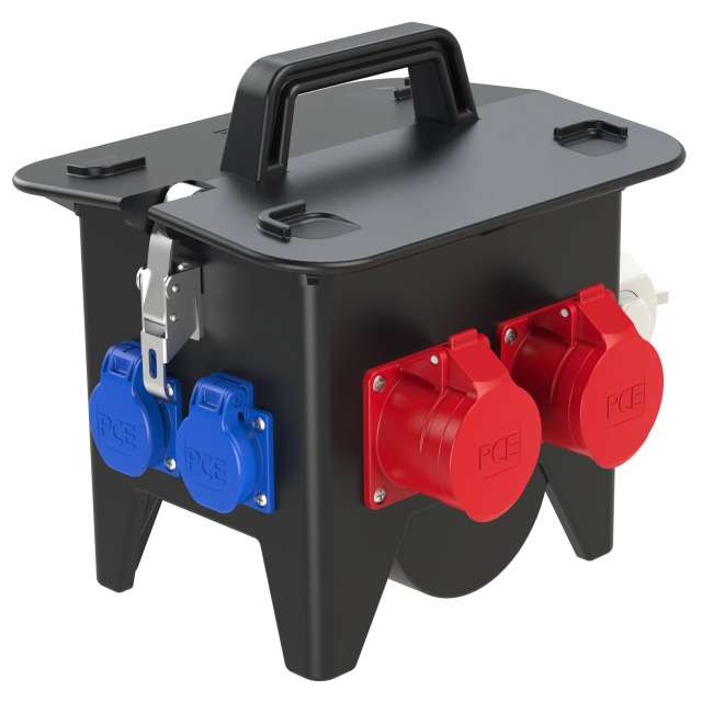 Coffret mobile caoutchouc PCE Ried – 2 × CEE 16 A 5P + 4 × 2P+T, 3 disjoncteurs, socle CEE 32 A