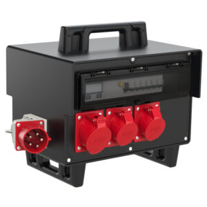 Coffret mobile caoutchouc PCE Schrems – 1 × CEE 32 A 5P + 2 × CEE 16 A 5P + 6 × 2P+T, socle CEE 32 A