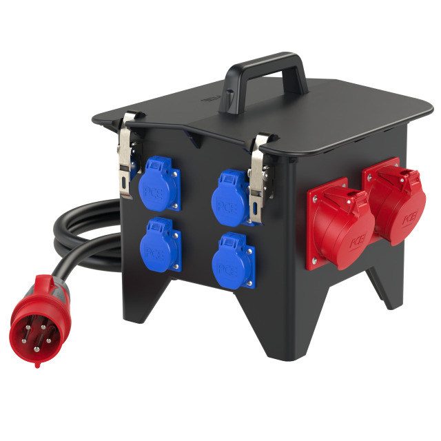Coffret mobile caoutchouc PCE Spitz – 3 × CEE 32 A 5P + 4 × 2P+T, 4 disjoncteurs