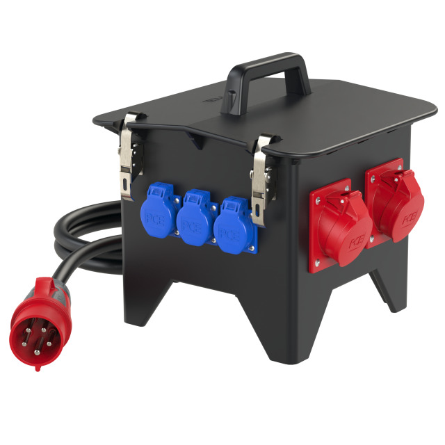 Coffret mobile caoutchouc PCE Spitz – 1 × CEE 32 A 5P + 2 × CEE 16 A 5P + 3 × 2P+T, 4 disjoncteurs – réf. 94742244
