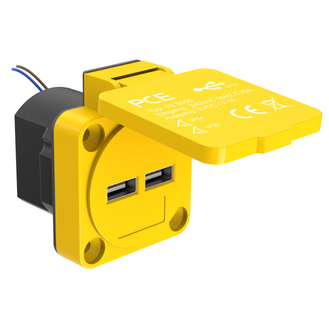 Prise de charge USB-A double 2 × 5 V – 2,1 A, jaune, IP54