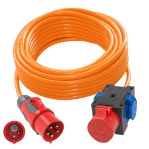 Rallonge 10 m H07BQ-F 5G2,5 orange – fiche CEE 16 A 5P à inverseur de phases / boîtier 2 prises 2P+T + 1 prise CEE 16 A