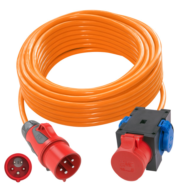 Rallonge 10 m H07BQ-F 5G2,5 orange – fiche CEE 16 A 5P à inverseur de phases / boîtier 2 prises 2P+T + 1 prise CEE 16 A