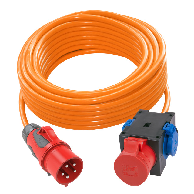 Rallonge 10 m H07BQ-F 5G2,5 orange – fiche CEE 16 A 5P / boîtier 2 prises 2P+T + 1 prise CEE 16 A