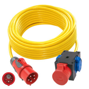 Rallonge 10 m N07V3V3-F 5G2,5 jaune – fiche CEE 16 A 5P à inverseur de phases / boîtier 2 prises 2P+T + 1 prise CEE 16 A