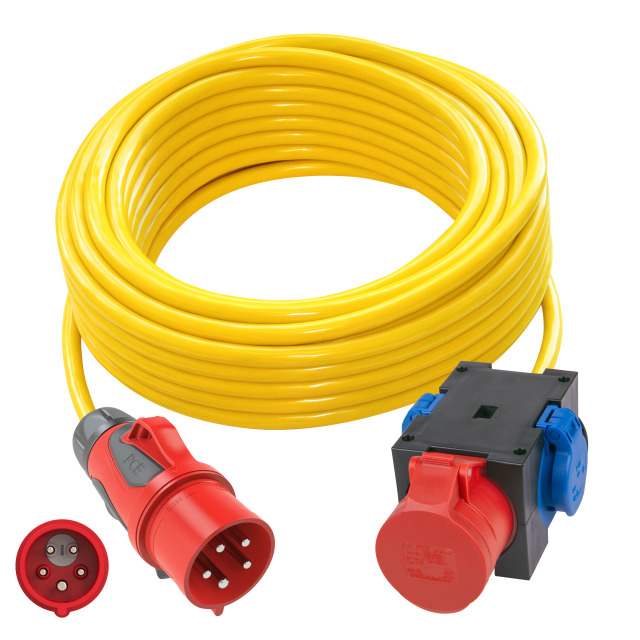 Rallonge 10 m N07V3V3-F 5G2,5 jaune – fiche CEE 16 A 5P à inverseur de phases / boîtier 2 prises 2P+T + 1 prise CEE 16 A