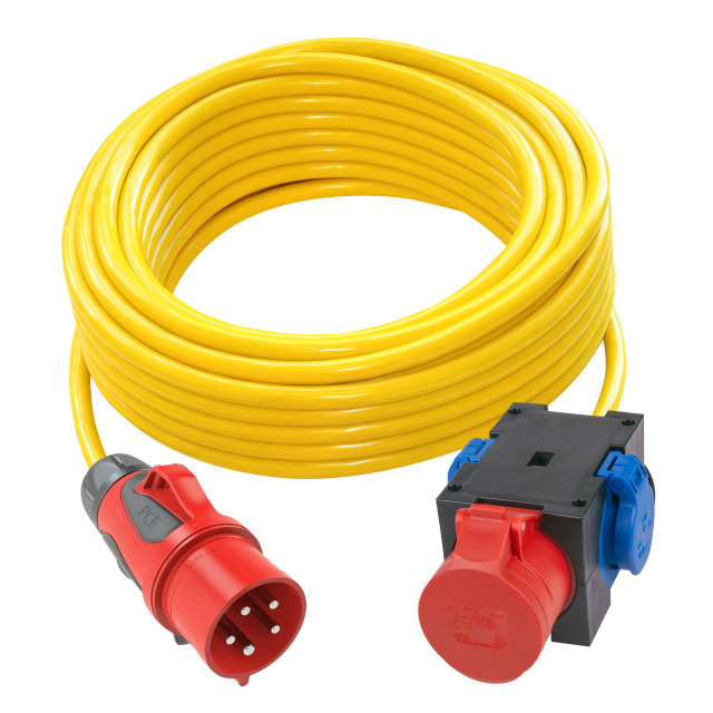 Rallonge 25 m N07V3V3-F 5G2,5 jaune – fiche CEE 16 A 5P / boîtier 2 prises 2P+T + 1 prise CEE 16 A