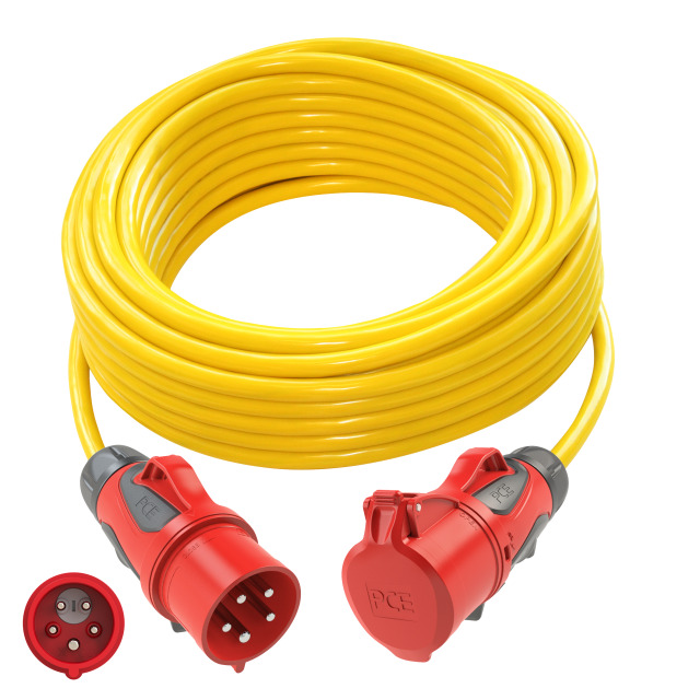 Rallonge 25 m N07V3V3-F 5G6 jaune – fiche CEE 32 A 5P à inverseur de phases / prolongateur CEE 32 A 5P