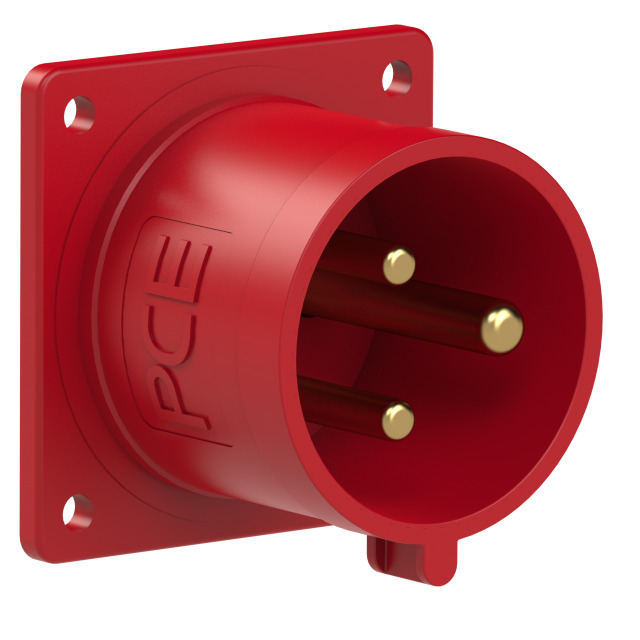 Socle connecteur mâle CEE droit 70 × 70 mm 32 A 2P+T 380–415 V 9h IP44